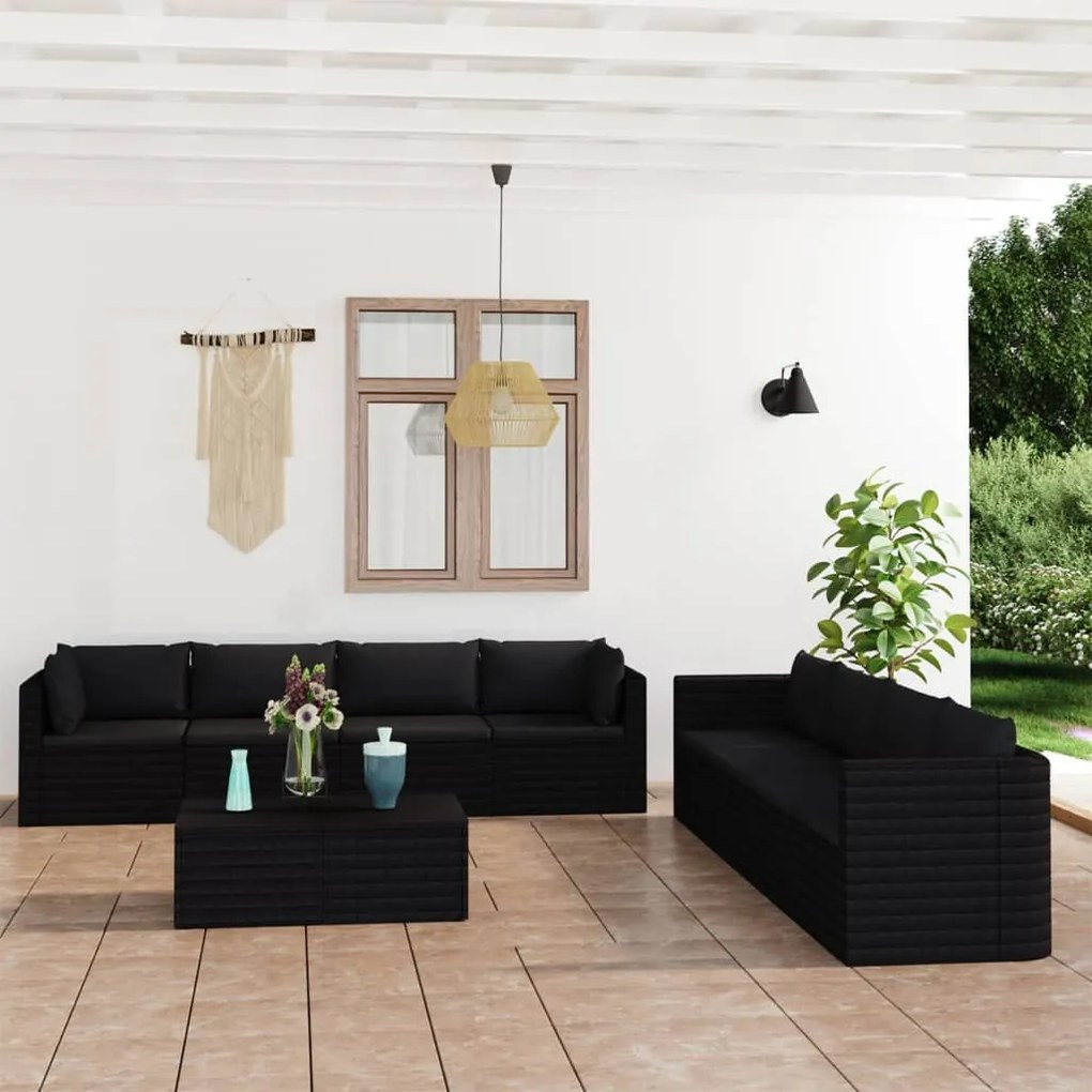 Set divani da giardino 9 pz con cuscini in polyrattan nero