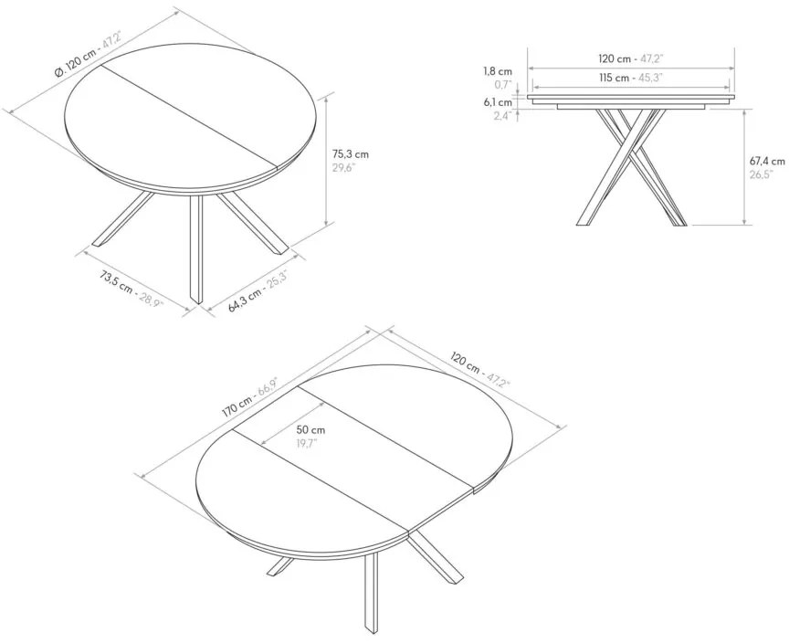 Tavolo rotondo PANTELLERIA in legno effetto grigio cemento con gambe incrociate in metallo antracite, allungabile ⌀120 cm &#8211; ⌀170 cm