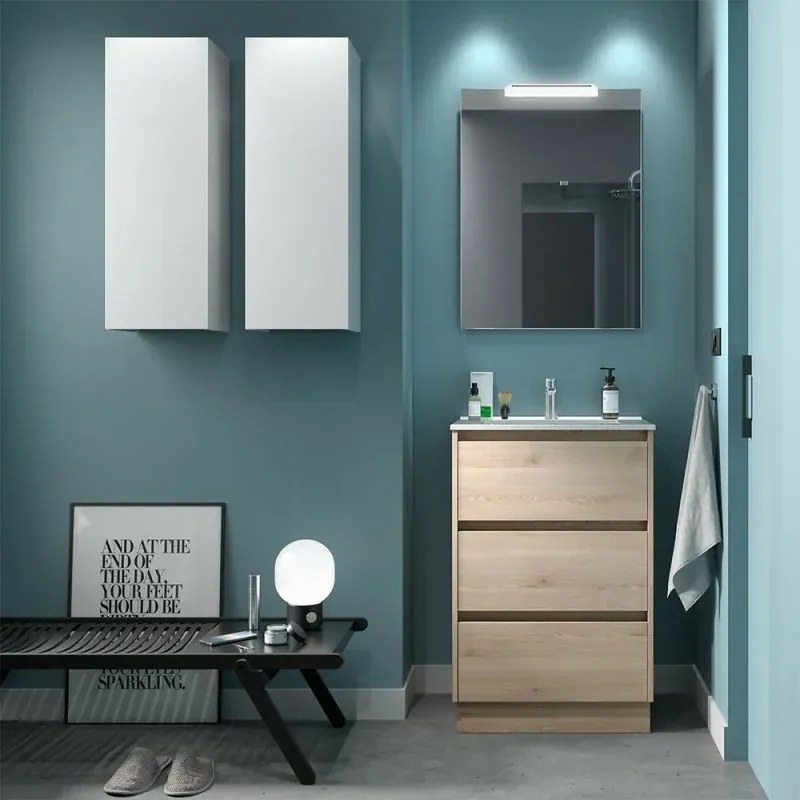 Mobile bagno a terra 60 cm rovere bali con specchio e lavabo Gaya