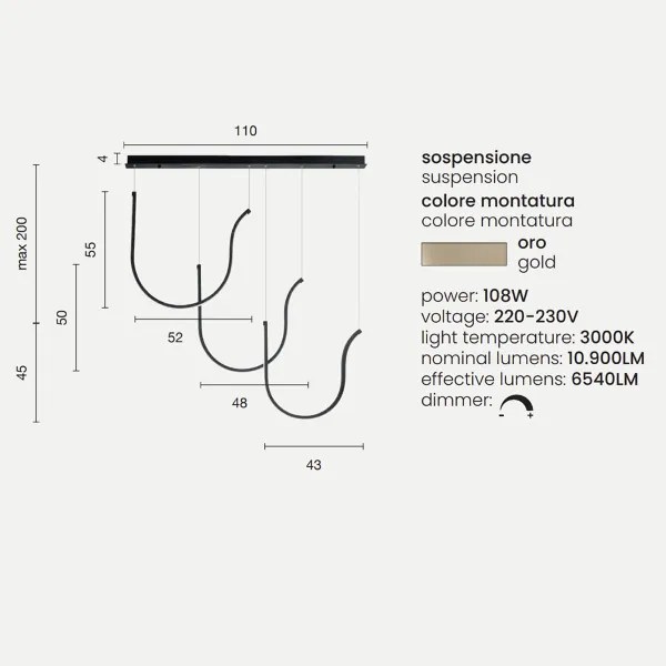 Lampada a sospensione ARQUA 3 Luci con base rettangolare 110 cm in metallo ORO