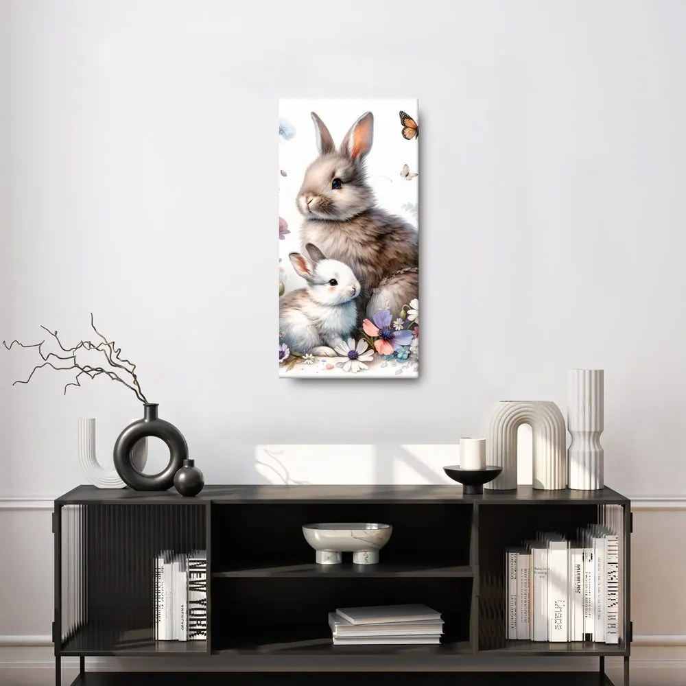 Quadro su tela – Prato primaverile con conigli e farfalle