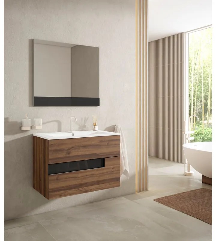 Mobile da bagno sotto lavabo Vision valenti con il vetro in nero lamellare opaco L 80 x H 55 x P 45 cm 2 cassetti, lavabo posizionabile centralmente non incluso