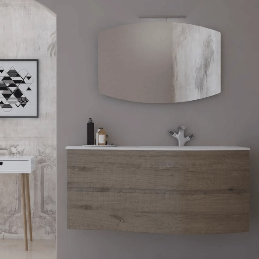 Mobile Bagno Sospeso Curvo 105 Cm Due Cassetti Specchio Con Lampada Led 100x60 Cm ED Line "Light DX"