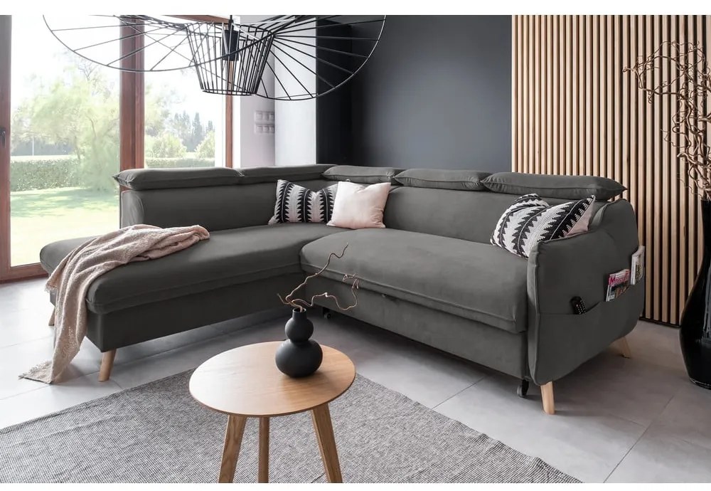 Divano letto angolare in velluto grigio scuro (angolo sinistro) Sweet Harmony - Miuform
