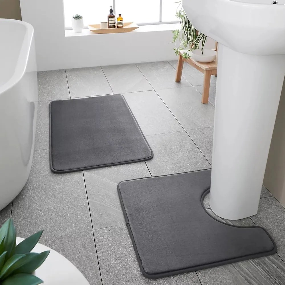 Set di tappetini per il bagno grigio scuro in memory foam 2 pz per WC 50x80 cm Anti-Bacterial – Catherine Lansfield