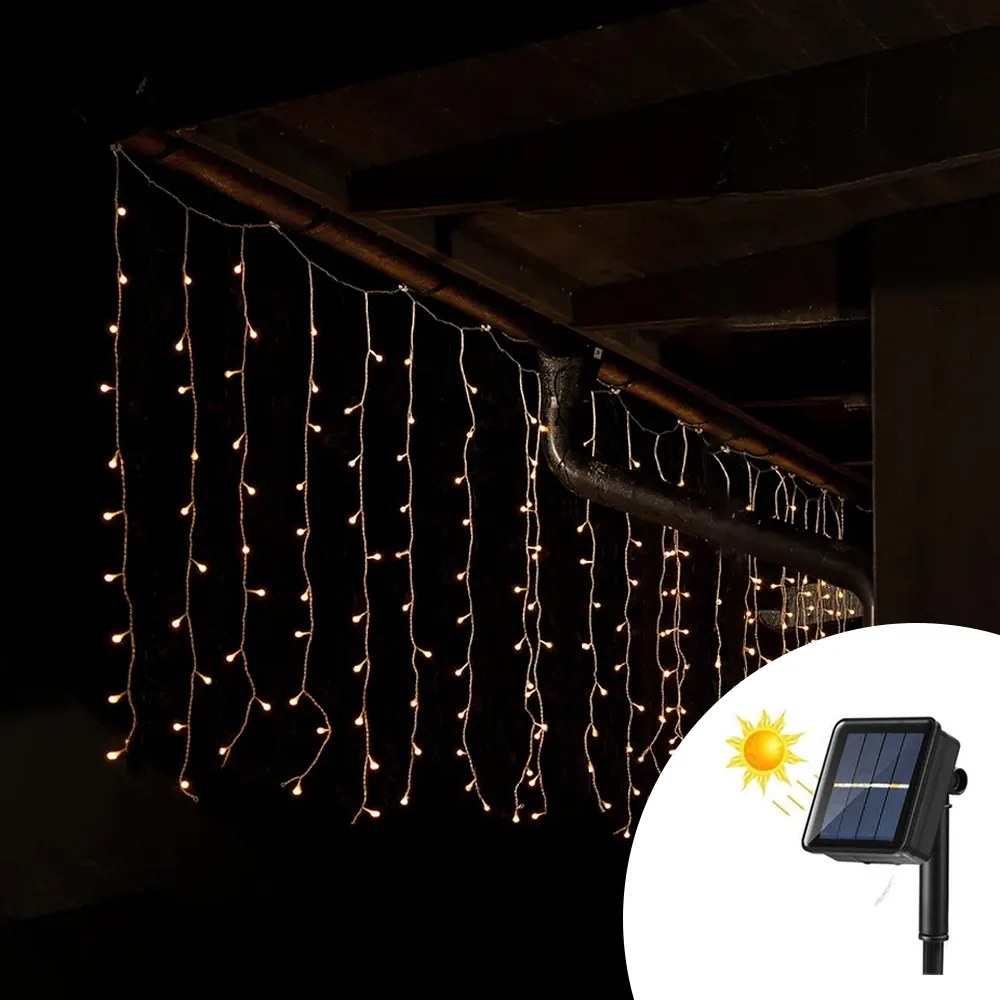 Tenda luminosa decorativa con pannello solare 3 metri 114 Led Bianco Caldo altezza 60cm da esterno Wisdom