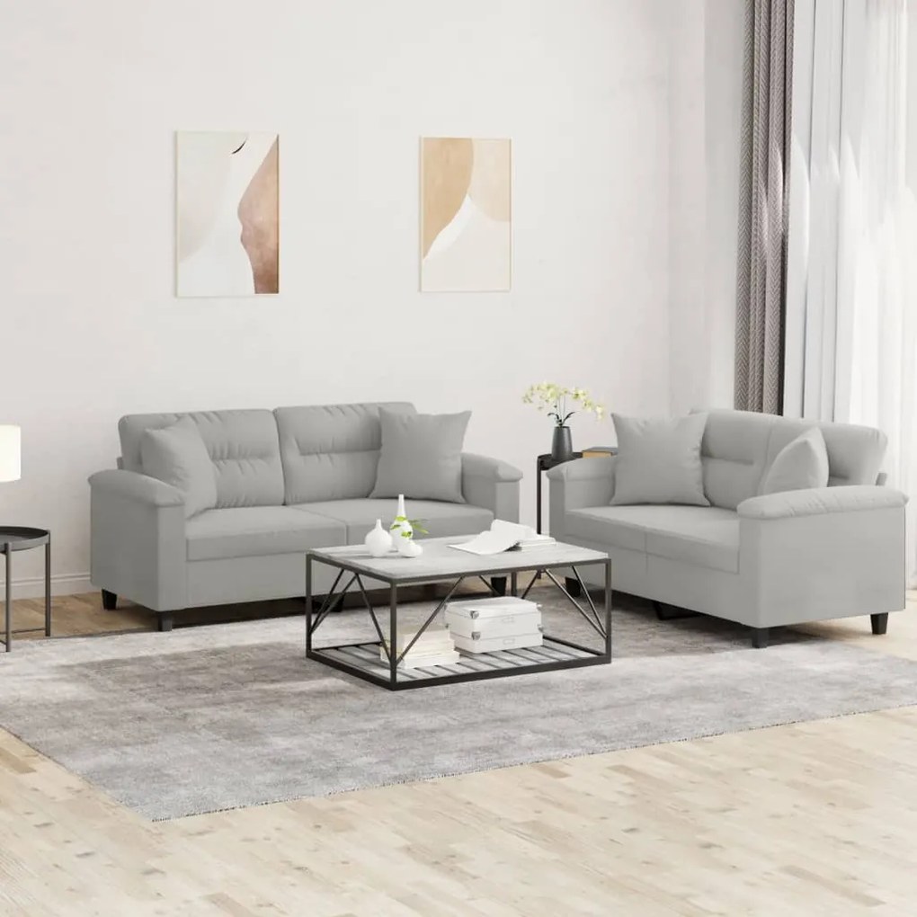 Set Divani 2 Pz Con Cuscini Grigio Chiaro İn Tessuto Microfibra /