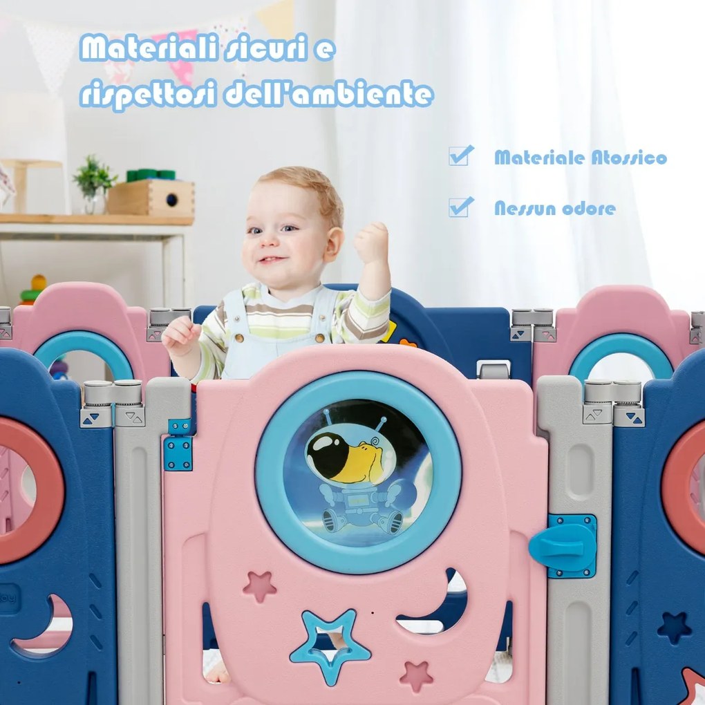 Costway Box multifunzionale con 14 pannelli e giocattoli educativi per bambini, Recinto portatile Blu e rosa