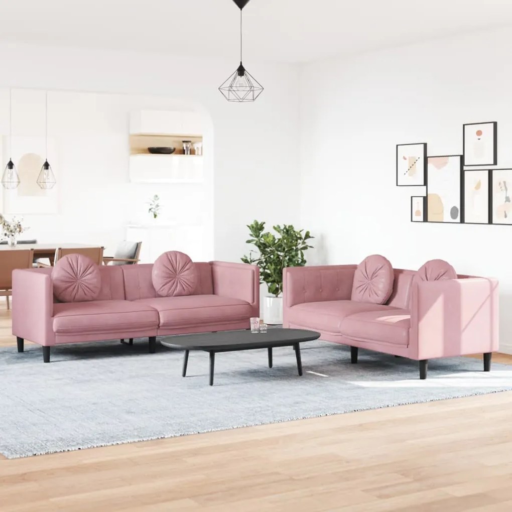 Set Di Divani 2 Pz Con Cuscini Rosa İn Velluto /