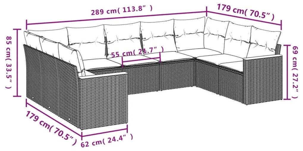 Set divano da giardino 9 pz con cuscini beige in polyrattan