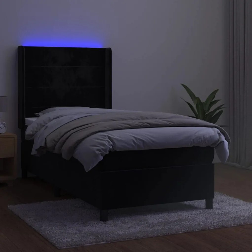 Letto a molle con materasso e led nero 90x190 cm in velluto