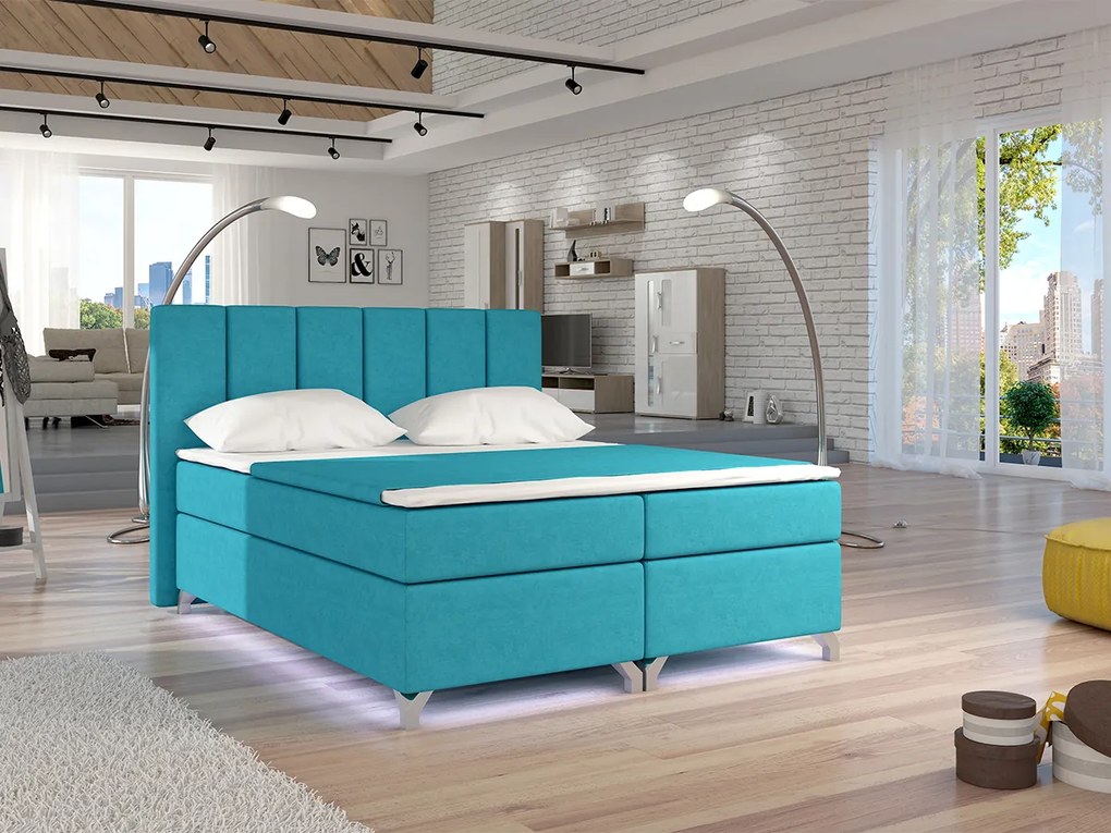 Letto matrimoniale boxspring Malindi - 160 x 200 cm , Tessuto azzurro turchese