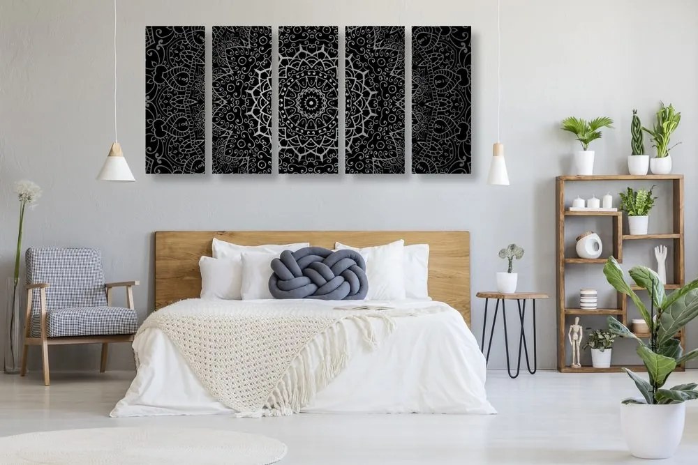Quadri 5 pezzi – Mandala vintage in stile indiano in bianco e nero