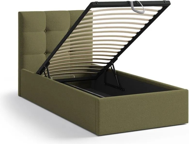 Letto singolo imbottito verde con contenitore con rete inclusa 90x200 cm Phaedra – Micadoni