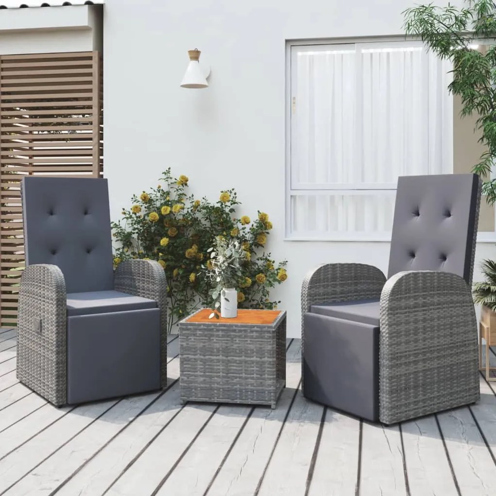 Set Mobili Giardino 3pz Grigio Polyrattan Legno Massello Acacia /