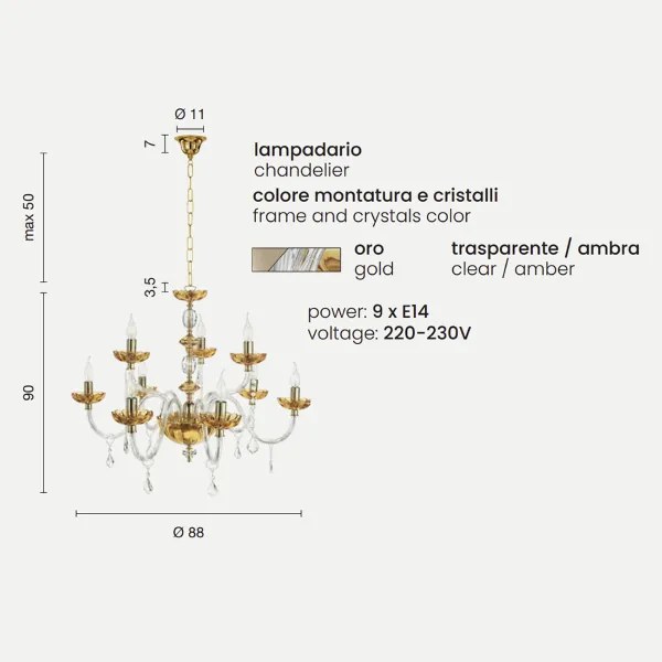 Lampada a sospensione PATRICIA in vetro e cristallo D88 cm Ambra 9 LUCI