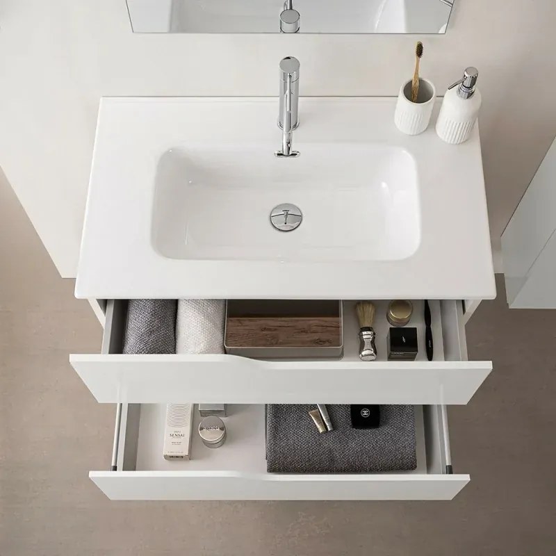 Set mobili bagno sospesi 80cm in legno mdf bianco e quercia Sumya