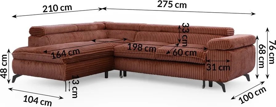 Divano angolare color terracotta (con penisola a sinistra/a L) con rivestimento in velluto a coste Marbeya – Ropez