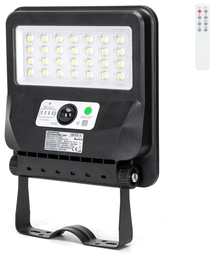 Lampione stradale Led 50W Nero con pannello solare IP65 Bianco freddo 6500K con sensore crepuscolare e di movimento Aigostar