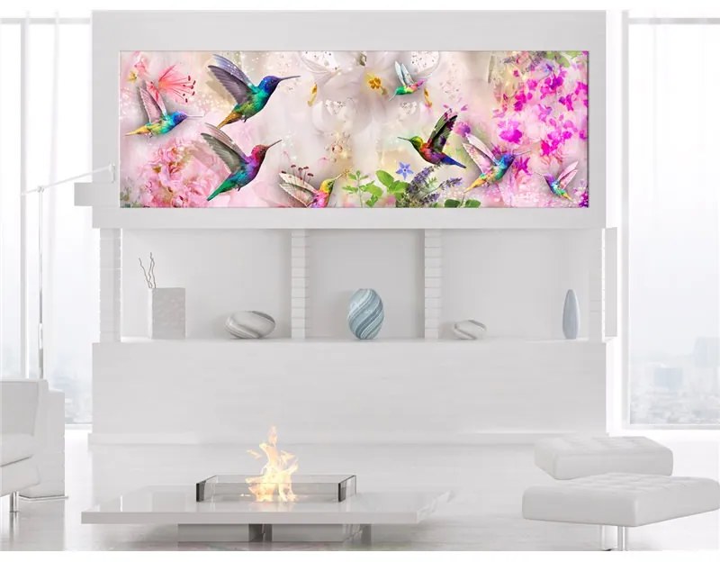 Quadro Colourful Hummingbirds (1 Part) Narrow  Colore Rosa, Dimensioni e Misure 120x40