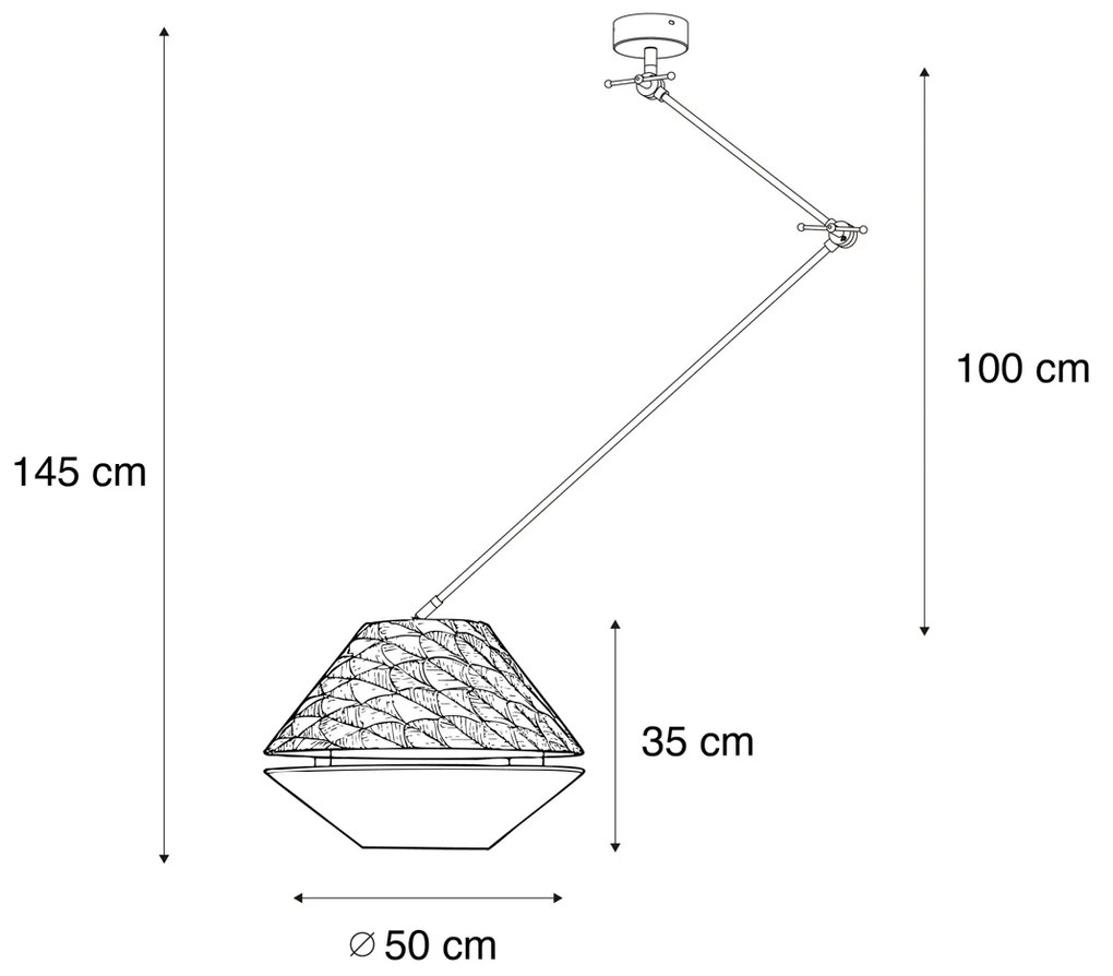 Lampada a sospensione nera con doppio paralume in velluto, motivo foglia e beige - Blitz