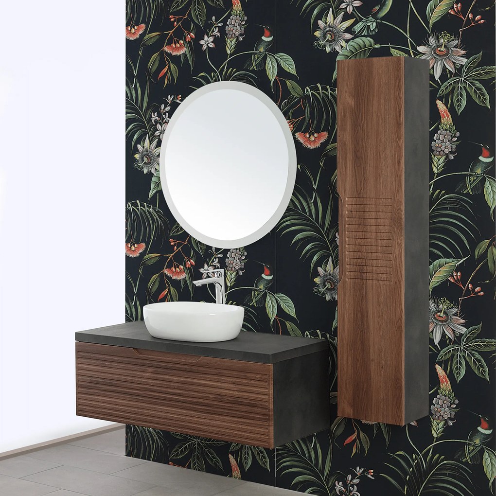 Mobile Bagno Sospeso 90 Cm Un Cassetto Specchio Tondo Serigrafato Su Telaio Diametro 80 Cm Feridras "Ravello" Noce Canaletto