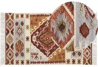 Tappeto Kilim multicolore in lana e cotone 80 x 150 cm Fatto a mano con motivo Boho e frange