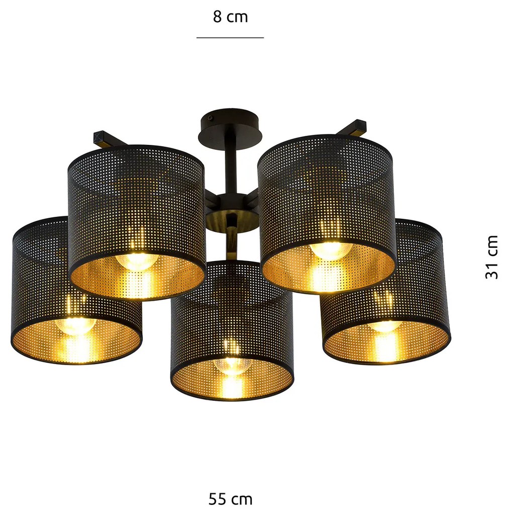 Plafoniera Industrial 5 Luci Cigno In Acciaio Nero E Paralumi A Cilindro Oro