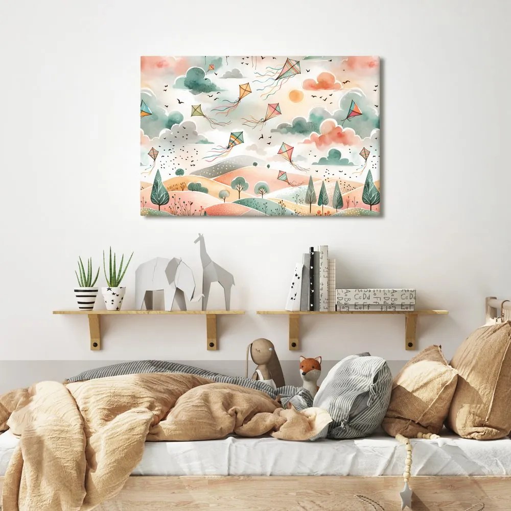 Quadro su tela – Aquiloni volanti su paesaggio colorato