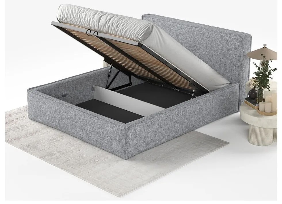 Letto matrimoniale imbottito grigio con contenitore con rete inclusa 200x200 cm Lounge L – Maison de Rêve