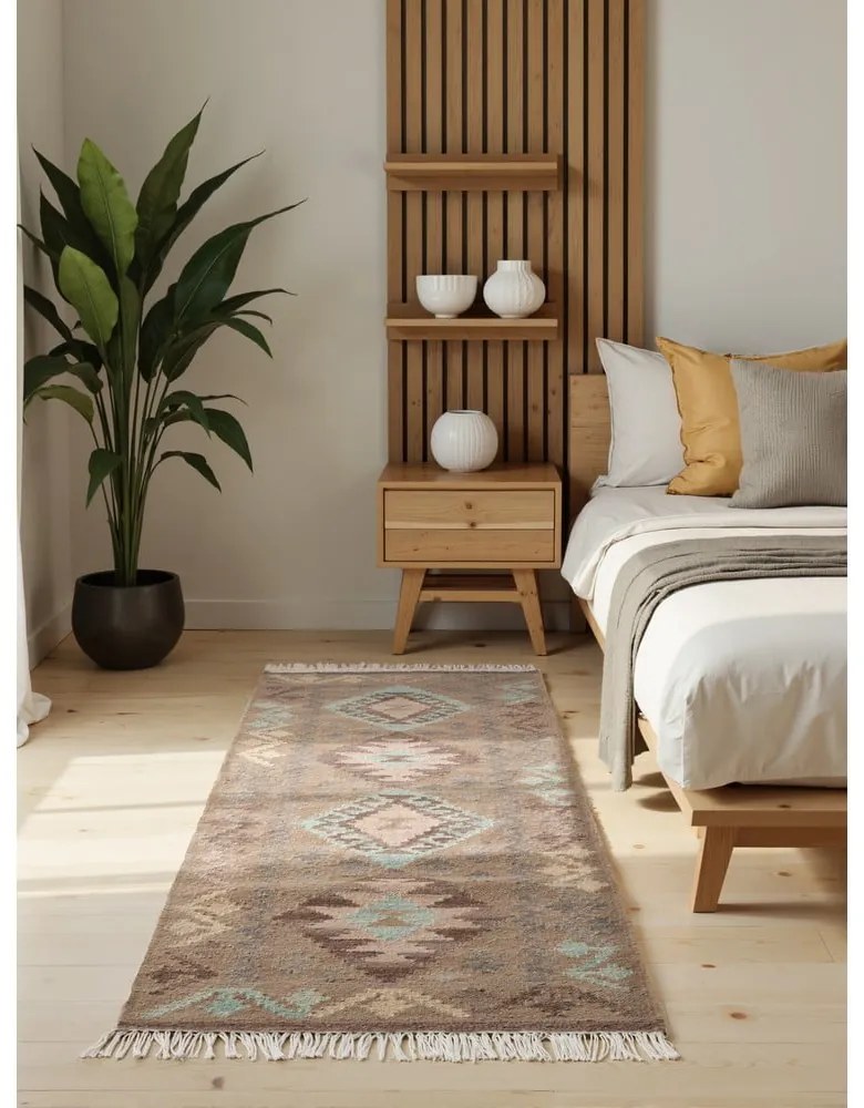 Passatoia azzurra/beige in lana reversibile/tessuta a mano 60x190 cm Kamal Dune – Nouristan