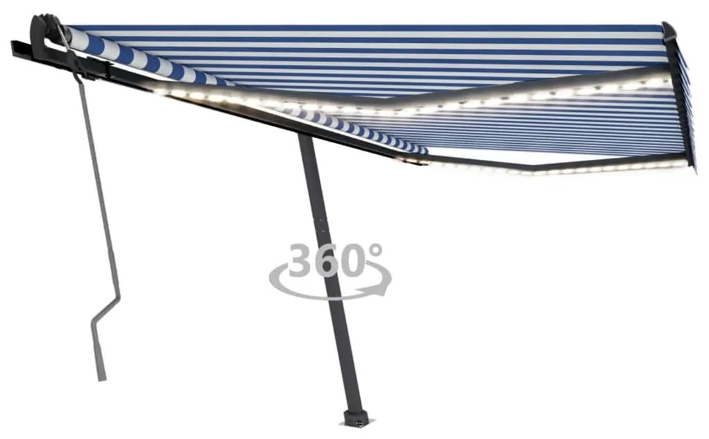 Tenda Da Sole Retrattile Manuale Con Led 400x350 Cm Blu Bianco /