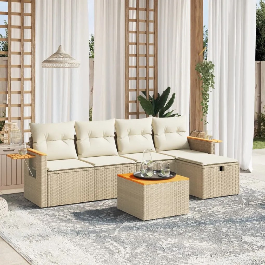 Set divano da giardino 6 pz con cuscini beige in polyrattan