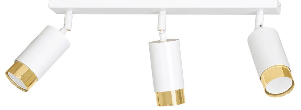 Plafoniera 3 Luci A Faretti Orientabili A Cilindro In Acciaio Bianco E Oro