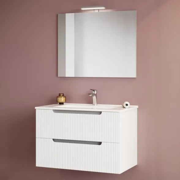 Mobile Da Bagno Cannettato 100 Cm Con Lavabo Specchio E Led LINE - Bianco Lucido