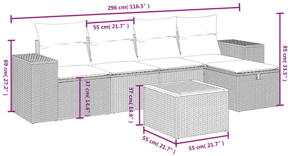 Set divano da giardino 6 pz con cuscini nero in polyrattan