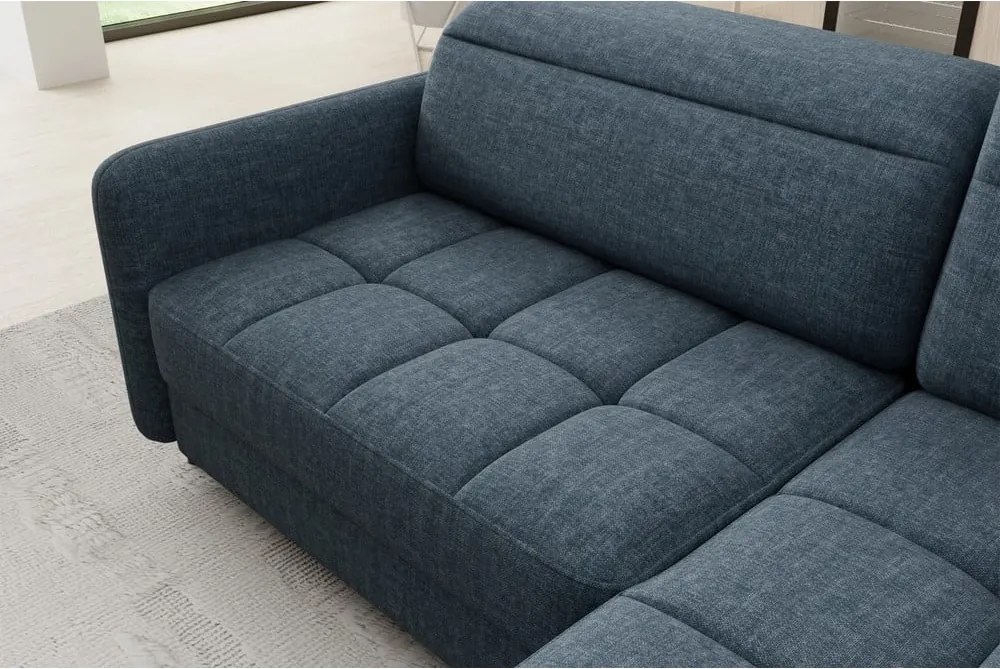 Divano angolare blu allungabile/con contenitore (con penisola a destra/a L) e rivestimento in velluto Barea – ELTAP