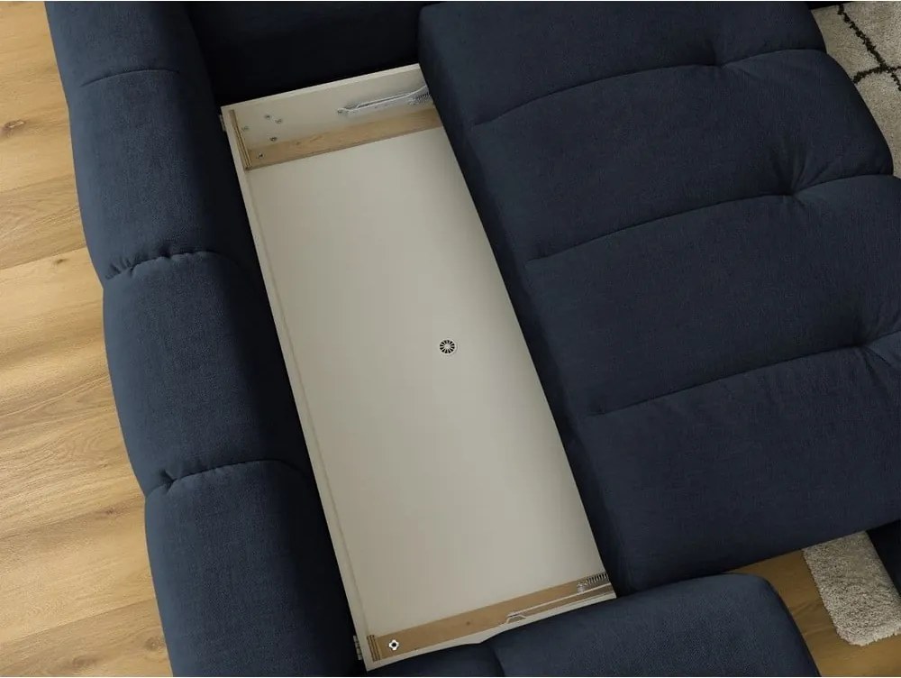 Divano angolare blu scuro allungabile e con contenitore (penisola a destra/a L) con rivestimento in ciniglia Fuji – Bobochic Paris