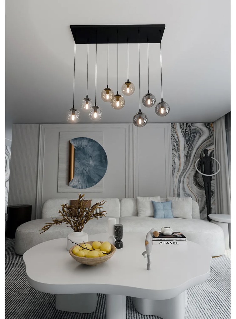 Sospensione Moderna 9 Luci Kali In Acciaio Nero E Sfere In Vetro Multicolor