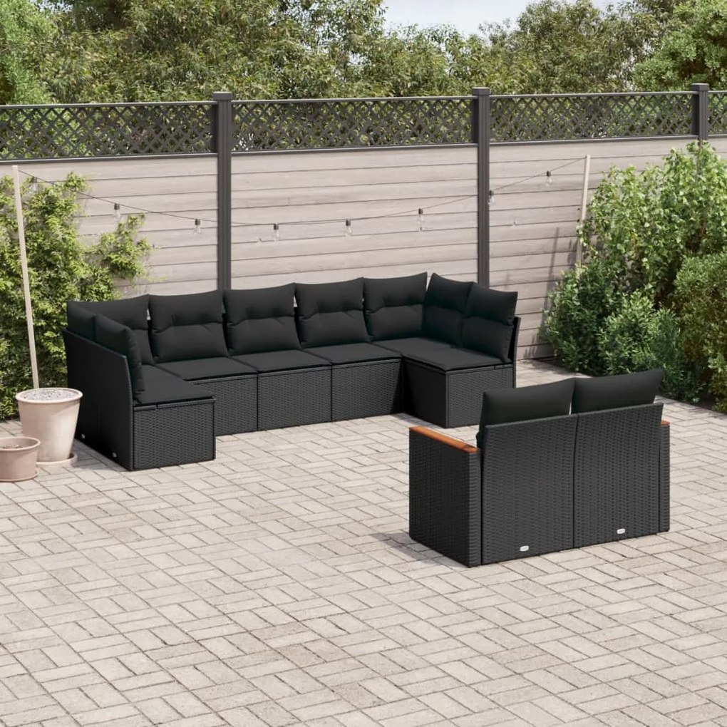 Set divani da giardino 9 pz con cuscini nero in polyrattan