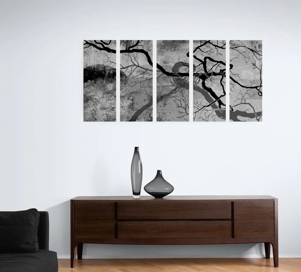 Quadri 5 pezzi – Alberi surrealisti in bianco e nero