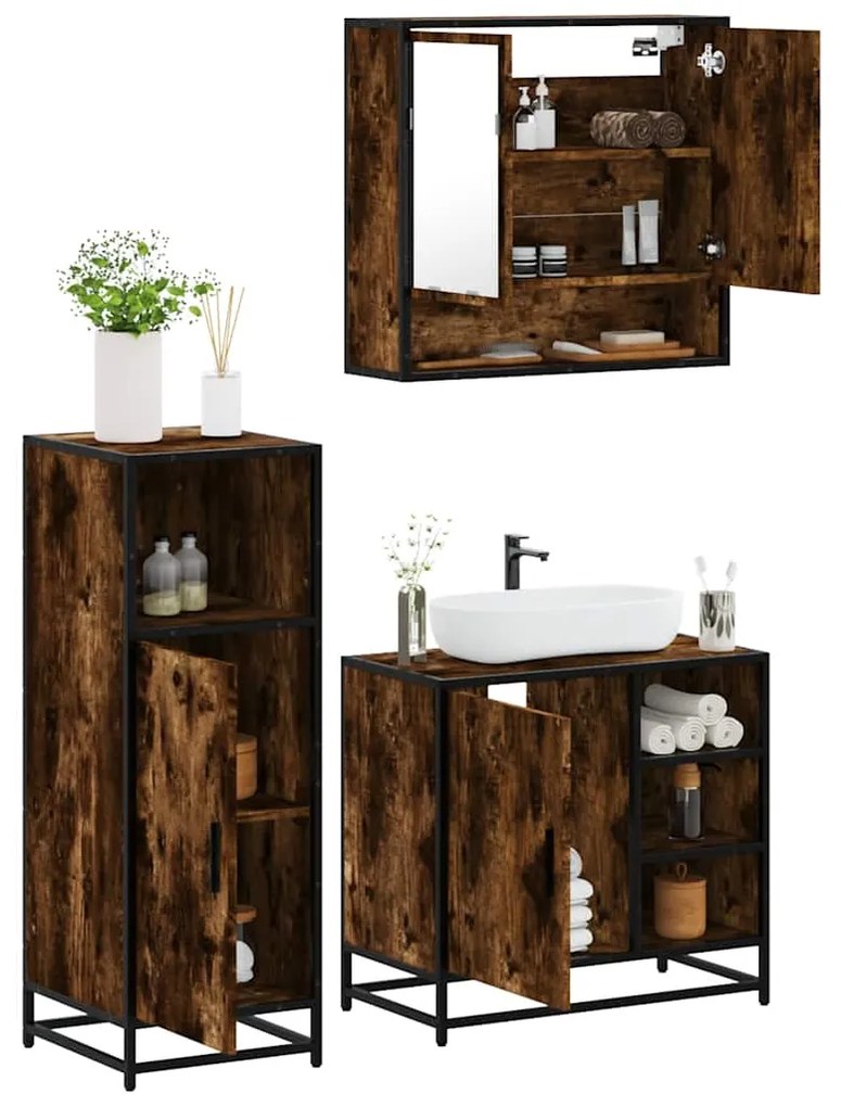 Set Mobili Da Bagno 3 Pz Rovere Fumo İn Legno Multistrato /