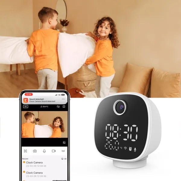 Solight 1D81- Telecamera intelligente con termometro, sveglia e luce LED 1296p Wi-Fi Tuya IP65