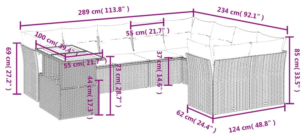 Set divani da giardino 10pz con cuscini in polyrattan nero