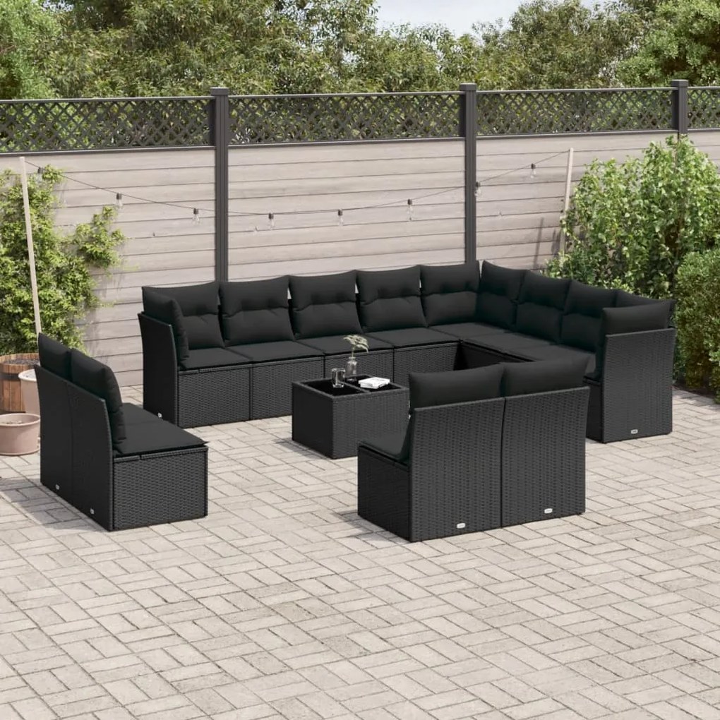 Set divani da giardino 13pz con cuscini nero in polyrattan