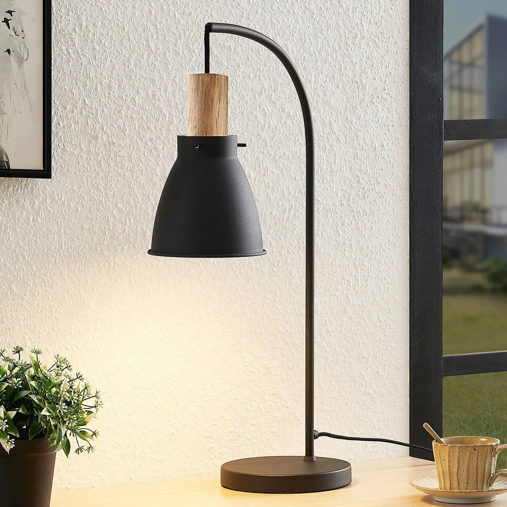 Lampada da tavolo Lindby Trebale, nero, legno, 60 cm, E14