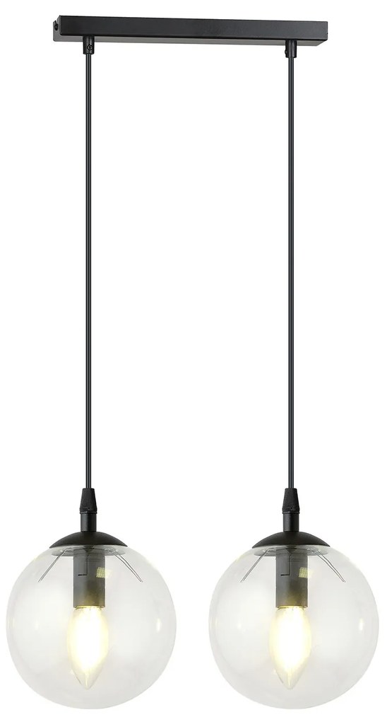 Sospensione Moderna 2 Luci Kali In Acciaio Nero E Sfere In Vetro Trasparente