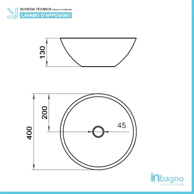 Lavamani da appoggio a bacinella 40 cm in ceramica bianco lucido