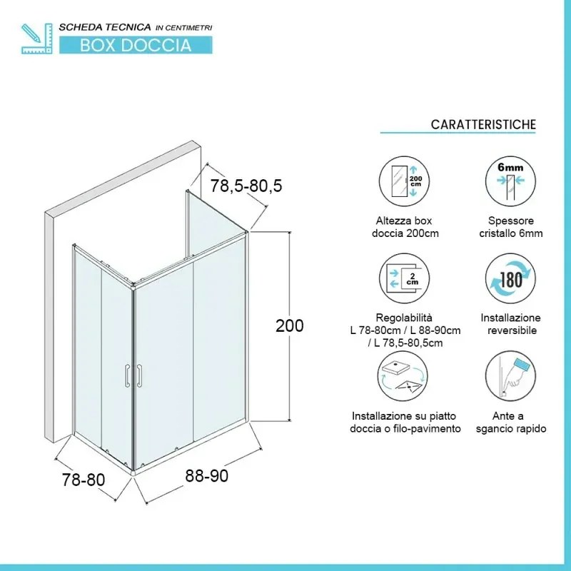 Box doccia 80x90x80 cm con doppio scorrevole trasparente H 200 cm Ted