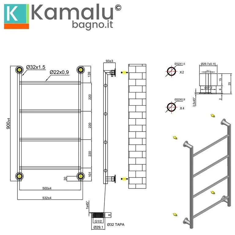 Kamalu - termoarredo scaldasalviette 900x560mm nero opaco kam-d6009n